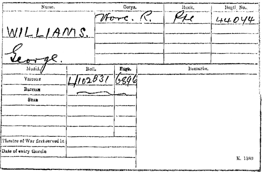 WWI Medal Rolls Index Card